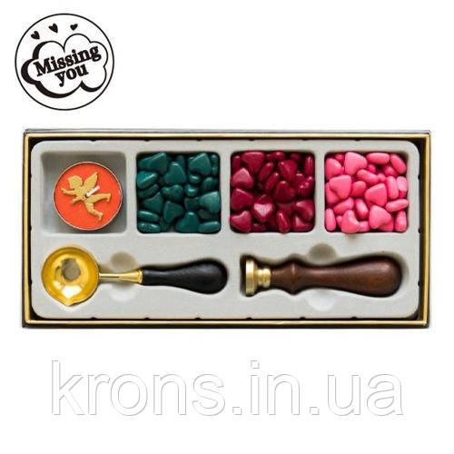 Набір для сургучних печаток, 3 кольори, свічка, ложка, печатка Missing You, фото 1