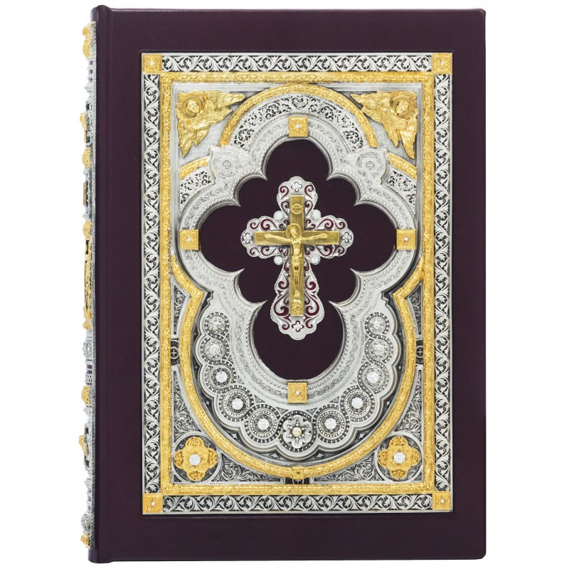 Біблія з індексами в шкіряній палітурці прикрашена декоративними накладками та камінням, фото 1