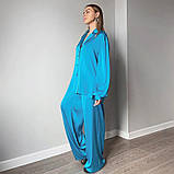 Піжама жіноча атласна. Комплект шовковий для дому, сну з довгим рукавом, розмір M (блакитний), фото 3