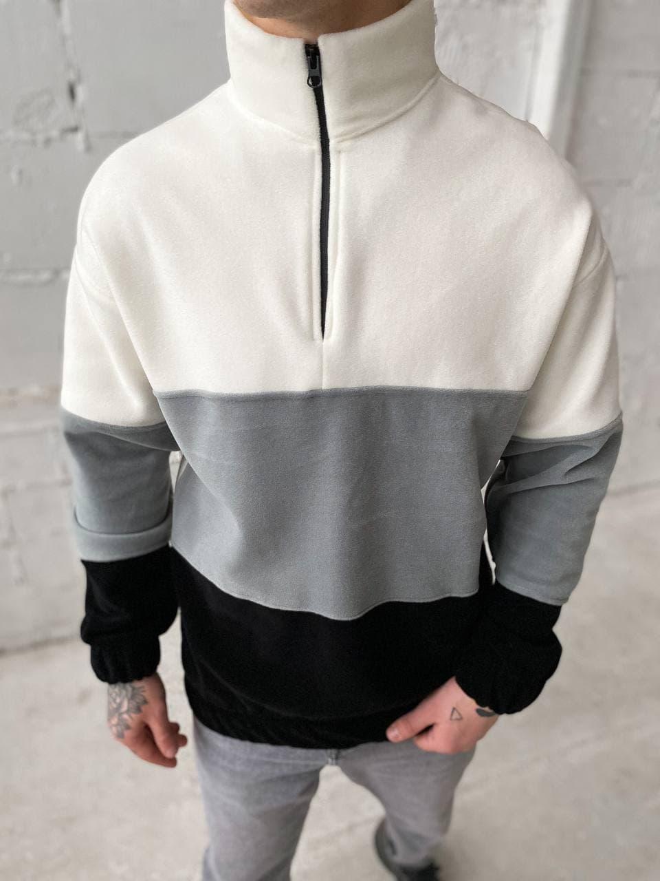 Мужская стильная тёплая толстовка на флисе (трёхцветная: чёрный, белый ...