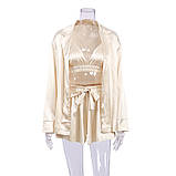 Шовкова піжама жіноча. Комплект атласний трійка з довгим рукавом, шортами і топом. Розмір L (бежевий), фото 4