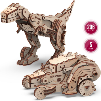 Механічна Іграшка дерев'яна яна 3D-модель "Трансформер. Динокар" №10105/ПлейВуд/
