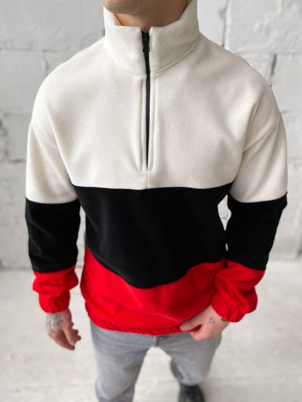 Мужская стильная тёплая толстовка на флисе (трёхцветная: чёрный, белый ...