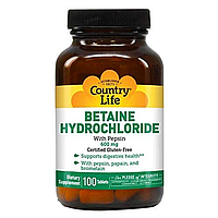 Бетаїн з пепсином / Betaine Hydrochloride with Pepsin, Country Life, 600 mg 100 Tablets