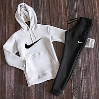 Спортивный костюм мужской Nike (Найк) зимний теплый белый-черный | Комплект на флисе Штаны + Кофта с капюшоном