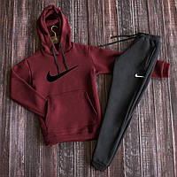 Спортивный костюм мужской Nike (Найк) зимний бордовый-черный | Комплект на флисе Штаны + Кофта с капюшоном