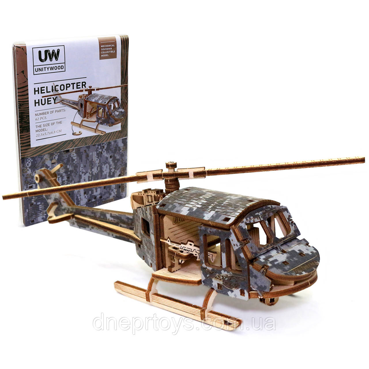 Дерев'яний 3D конструктор механічний Вертоліт Хьюї UnityWood 62 деталей 22,5*5,7*6,8 см (UW-011), фото 1