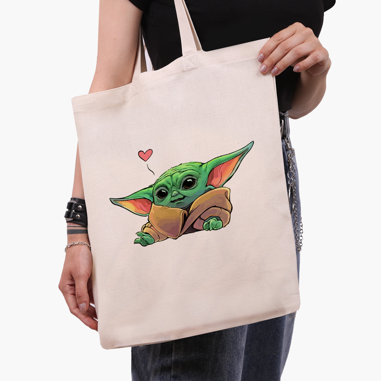 Еко сумка Грогу Бейбі Йода (Grogu Baby Yoda The Mandalorian) бежева канвас з принтом