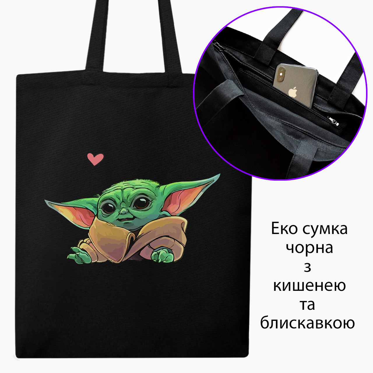 Еко сумка Грогу Бейбі Йода чорна на блискавці саржа з принтом