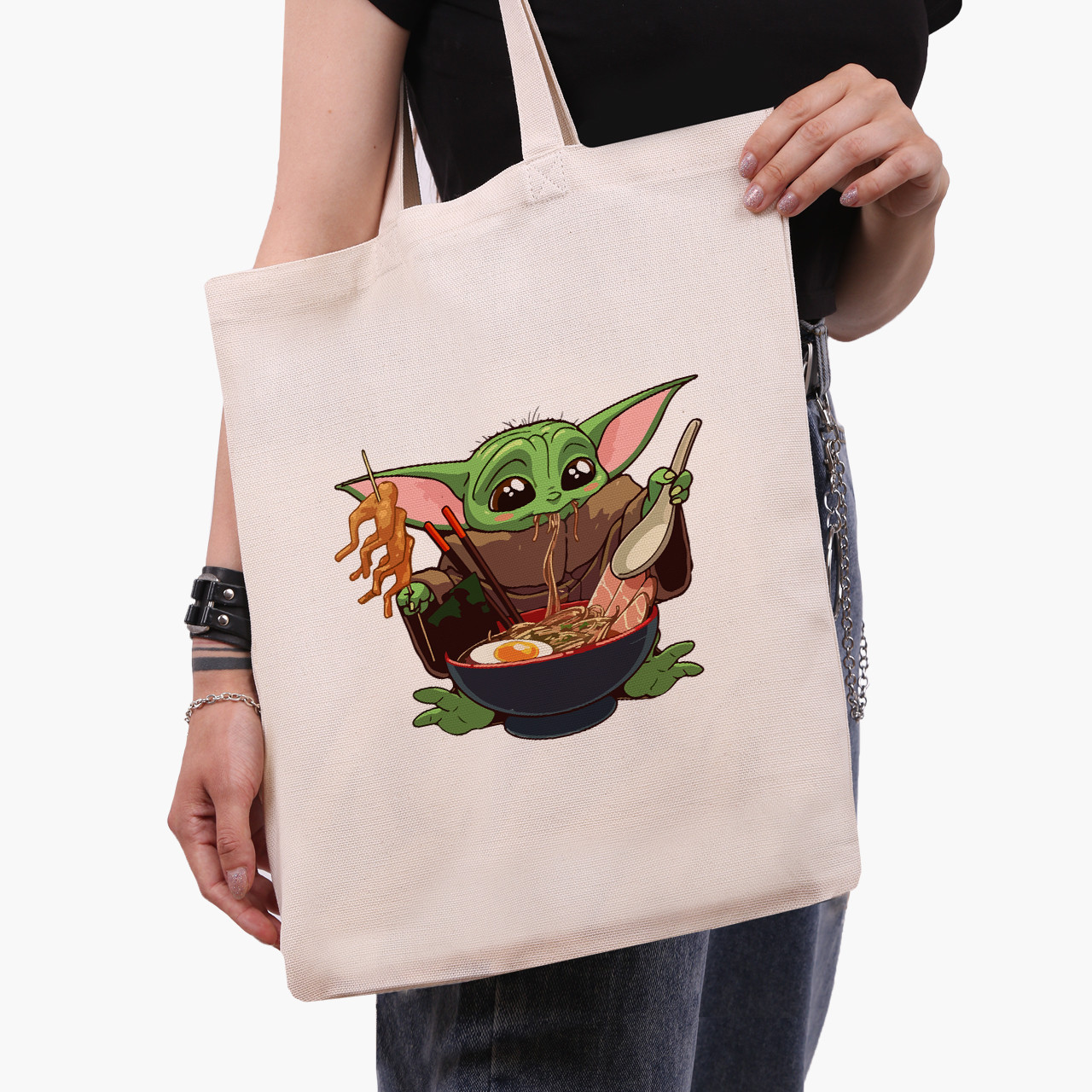 Еко сумка Грогу Бейбі Йода (Grogu Baby Yoda The Mandalorian) бежева канвас з принтом