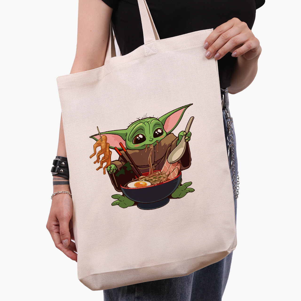 Еко сумка Грогу Бейбі Йода (Grogu Baby Yoda The Mandalorian) бежева з широким дном канвас