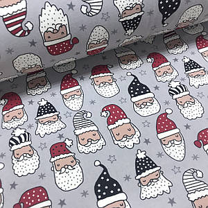 Тканина Фланель Санта-Клауси в червоно-чорних шапках на сірому (Туреччина шир. 2,4 м)(FL-SA-0297)