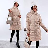 Зимняя,удлиненная куртка-пальто из эко-кожи с воротником стойка,женская,размеры:46-48,50-52