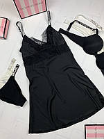 Пеньюар Виктория сикрет с кружевом и стразами черного цвета Victoria s Secret ночнушка