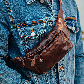 Чоловіча шкіряна бананка на пояс 24х12x8 / нагрудний слінг  / рюкзак через одне плече / коричневий