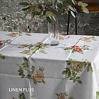 Овальная льняная скатерть 160*260 см белого цвета с розами и с кружевом, 100% лен, цвет "Прованс"