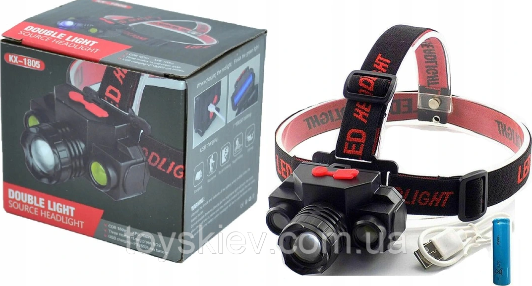 Налобний ліхтар Bailong BL-1805, акумулятор 18650, micro USB, 8016, фото 1