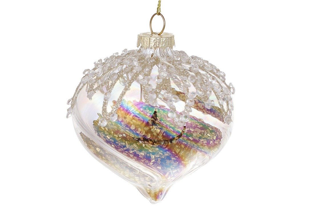 Ялинкова прикраса з прозорого скла з декором зі страз та мішурою всередині 8см, колір - діамант, фото 1