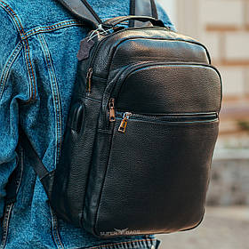 Класичний чоловічий рюкзак міський чорний натуральна шкіра Tiding Bag B72-57757