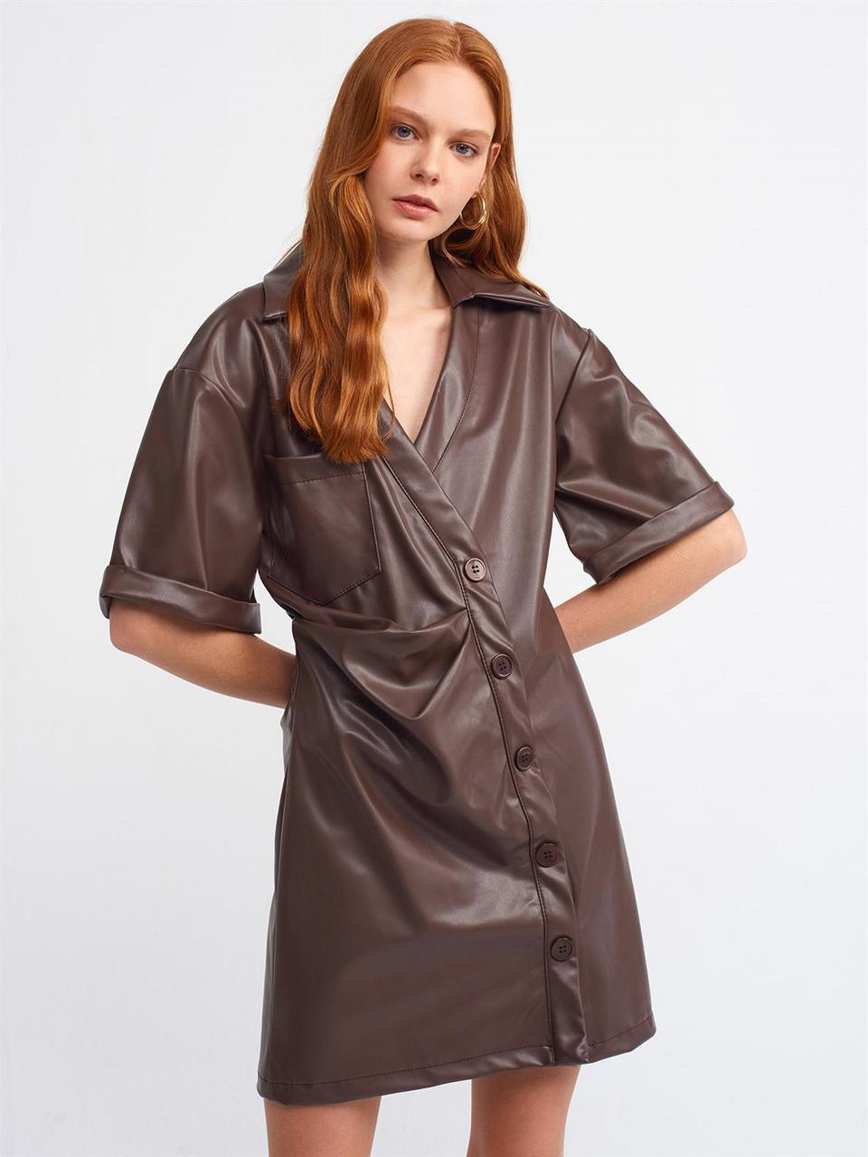 Сукня міні з еко-шкіри коричневого кольору 9129 (2000000069142), фото 1