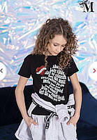Модная детская футболка для девочки с надписями MalaMi Польша 1337 Черный .Хит!
