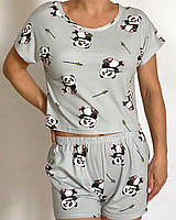 Пижама женская серая в пандах. шорты и футболка