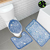 Килимки для ванної сяючі Блакитні Зоряне небо 3шт., комплект килимків для ванної та чохол для унітазу
