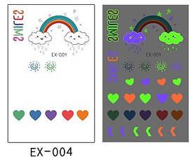 Люмінесцентний/Флуоресцентний. Флеш Тату, 12*8 См. Тимчасова. Перевідна. Набір, Серце, Веселка, Хмари,