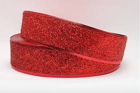 Стрічка декоративна "Новорічна" блискуча з дротовим краєм червона 3,8 см 1583/17