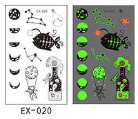 Люминесцентные/Флуоресцентные. Флеш тату, 12*8 см. Временная. Переводная. Набор, Планеты, Звезды, Лампочки,