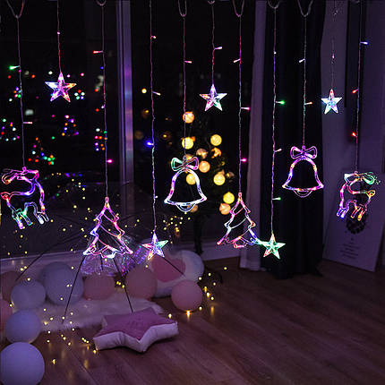 Світлодіодна гірлянда штора завіса "Дзвіночок, ялинка, олень" 12 PCS light кольорова, фото 1