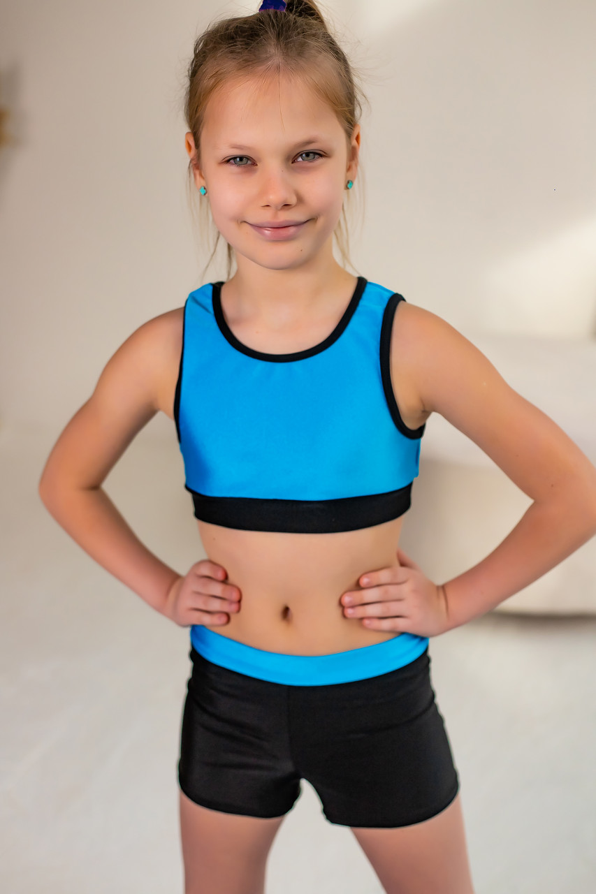 Комплект для Pole Dance дитячий спортивний топ та шорти для дівчинки з біфлексу Олівія р.26-44, фото 1