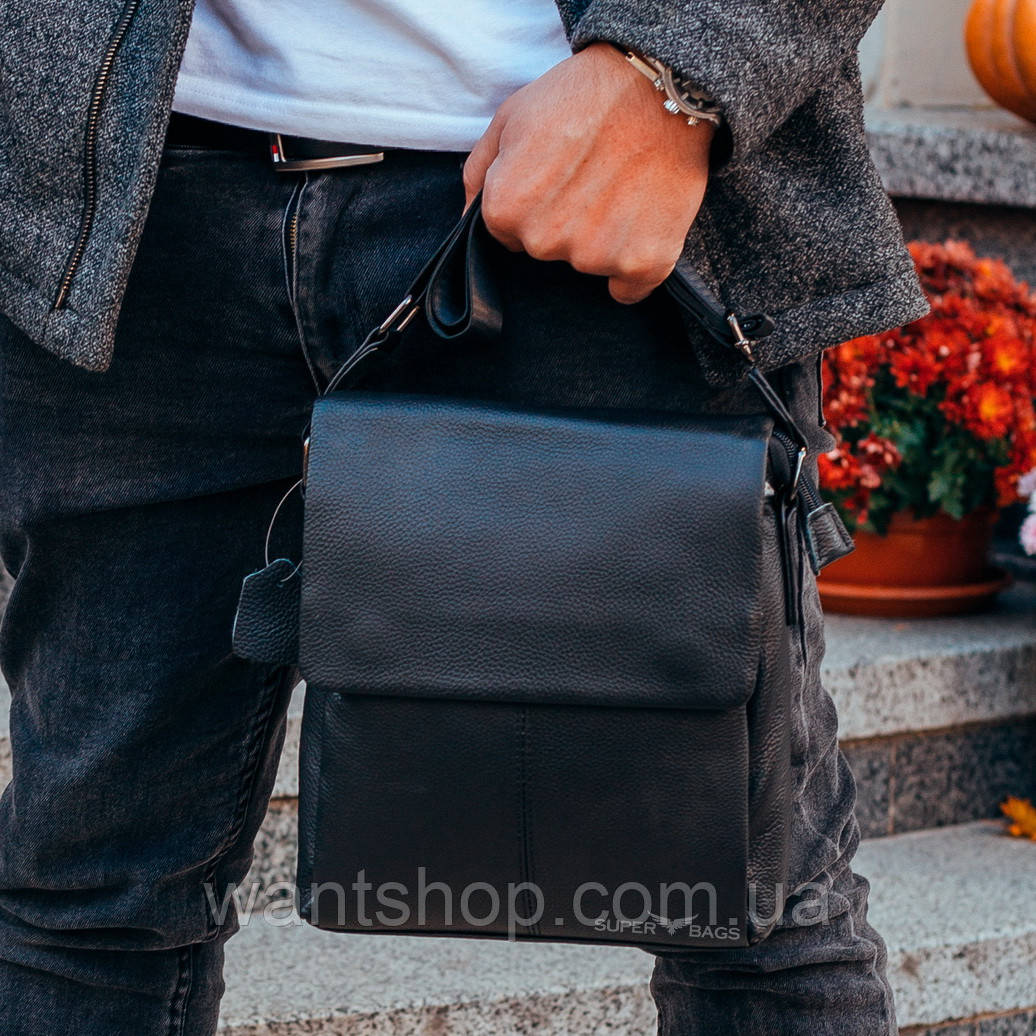 Чоловіча шкіряна сумка-месенджер через плечі Tiding Bag 85-2271 Чорна
