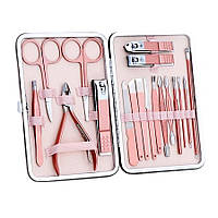 Набір для манікюру та педикюру з неіржавкої сталі на 18 інструментів у чохлі Manicure Suits рожевий