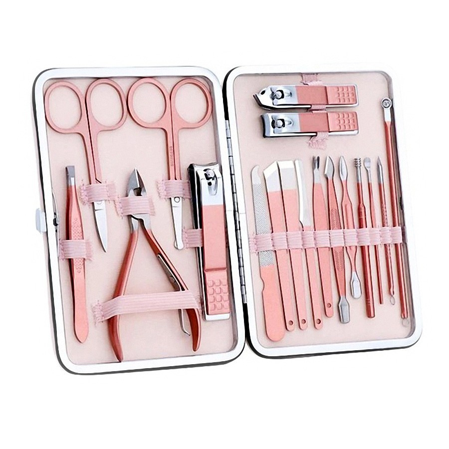 Набір для манікюру та педикюру з неіржавкої сталі на 18 інструментів у чохлі Manicure Suits рожевий