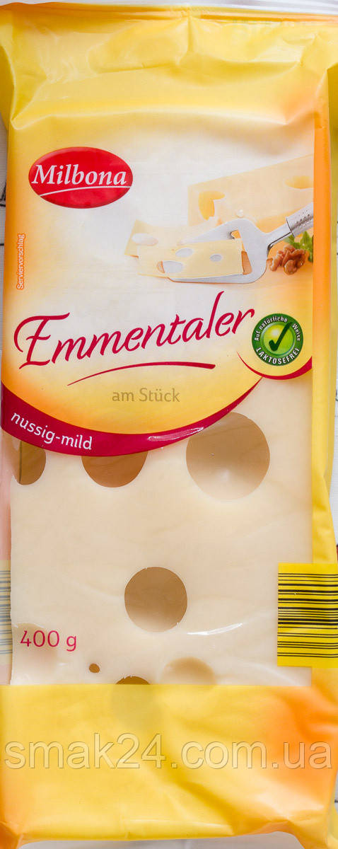 Сыр орехово-мягкий БЕЗ ЛАКТОЗЫ Milbona Emmentaler Nussig-mild 400г Германия - фото 1 - id-p1535254086