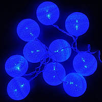Гирлянда Шарики из ниток, 10шт. белые с синими лампочками на батарейке (48)