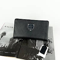 Мужской кожаный кошелек клатч на две молнии с ручкой Philipp Plein Филипп Плейн чёрный