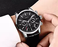 Часы наручные мужские LIGE Стильные кварцевые часы с черным циферблатом и чёрным кожаным ремешком