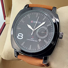 Кварцовий наручний годинник Curren карен на шкіряному ремінці чорного кольору чорний циферблат з датою