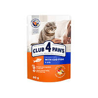 CLUB 4 PAWS PREMIUM Клуб 4 лапы влажный корм для котов с треской в желе, 80 гр.