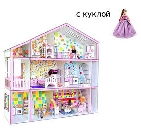Великий дерев'яний Будиночок для ляльок Барбі з лялькою, з меблями, 3 поверхи
