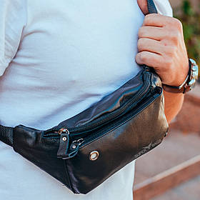 Чоловіча шкіряна сумка бананка на пояс 24х12x8 / нагрудний слінг  / рюкзак через одне плече / чорна