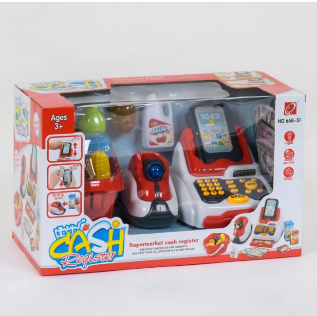Касовий апарат 668-51 світлові та звукові ефекти, кошик з продуктами, фото 1