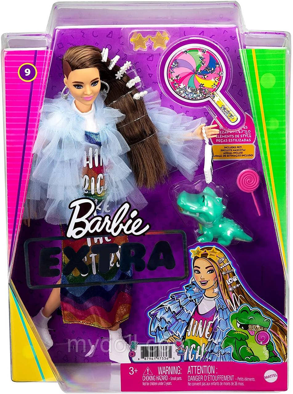 Лялька Барбі Екстра Barbie Extra #9 GYJ78 у довгій райдужній сукні з крокодилом Doll Blue Jacket Оригінал