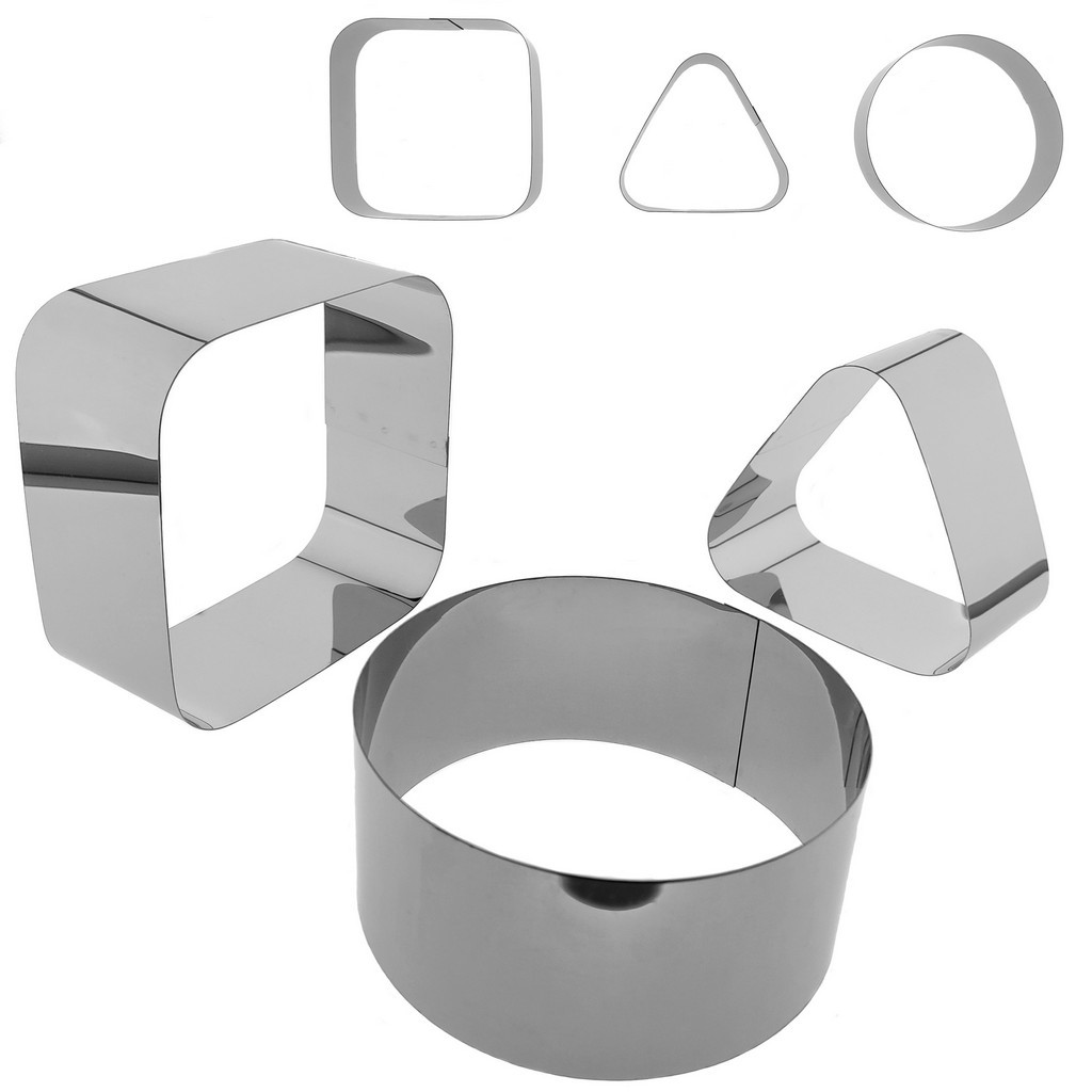 Набір форм нержавіючих з 3 штук КВАДРАТ 10,5 см * 10,5 см КРУГ D 10 см ТРИКУТНИК 9 см * 8,3 см висота 5 см