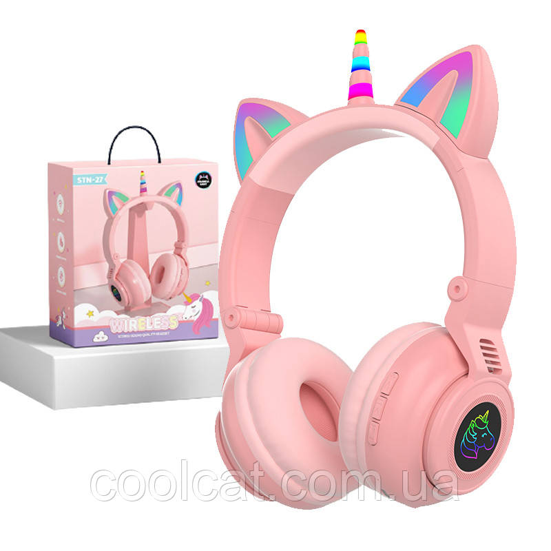 Бездротові навушники LED з котячими вушками/єдиноріг STN-27 / Дитячі бездротові блютуз навушники Рожевий