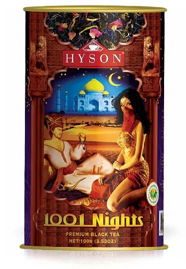 ЧАЙ ЧОРНИЙ ТА ЗЕЛЕНИЙ КРУПНОЛИСТОВИЙ HYSON 1001 NIGHTS З ПЕЛЮСТКАМИ ТРОЯНД, НАГІДКИ, ВОЛОШКИ 100 Г У БАНЦІ