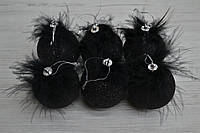 Новогоднее украшение шар глиттер черный перья 6см пачка