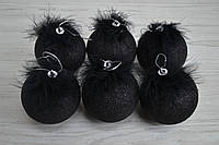Новогоднее украшение шар глиттер черный перья 8см пачка